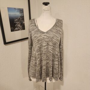 H by Bordeaux, gray and white striped long-sleeve V-neck Sweater